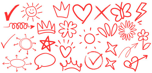 Line pen red highlight arrow set. Line pen hand drawn marker stroke red underline, check mark, emphasis. Arrow, star, round frame marker scribble stroke icon elements. Vector © Design idea
