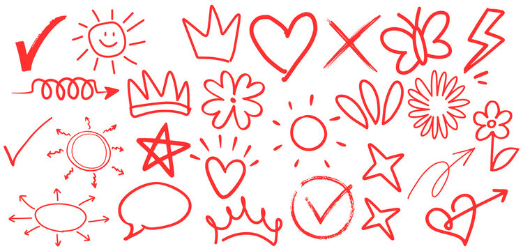 Line pen red highlight arrow set. Line pen hand drawn marker stroke red underline, check mark, emphasis. Arrow, star, round frame marker scribble stroke icon elements. Vector