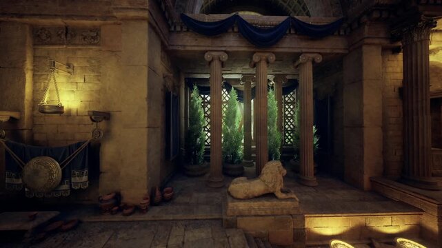 twilight conservatory lounge with carved lion and low torchlight, plush carpets and shadowed stairs lead to quiet alcove and veiled windows with patterned
