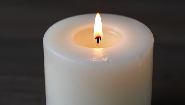 Close-up single candle burning with cream-white wax of titanium white and Naples yellow and thick impasto wax drips from palette knife