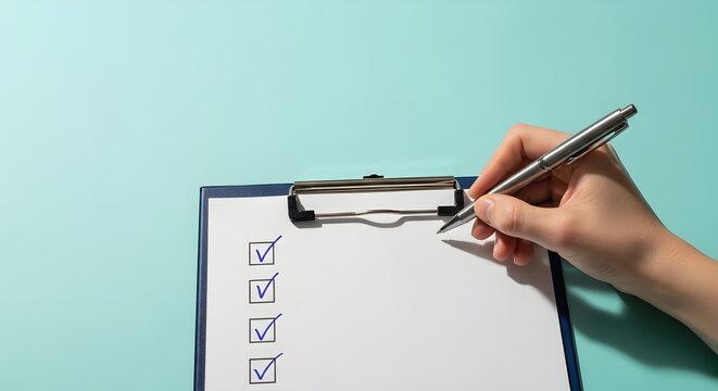 Hand with Pen Checking off Items on a Checklist against Teal Blue Background