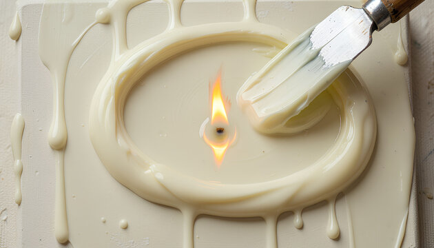 Close-up single candle with cream-white wax in titanium white and Naples yellow and thick palette-knife wax tears dripping down