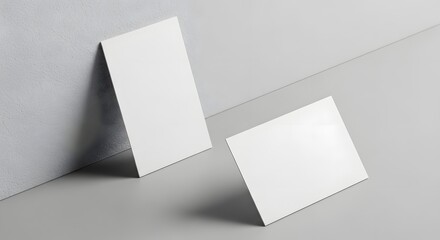 Naklejka premium Minimalist mockup two blank white cards leaning against a gray wall