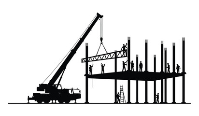 A striking black silhouette depicts a construction site with a large crane lifting steel beams into place showcasing workers building a structure silhouette © Thysl2000