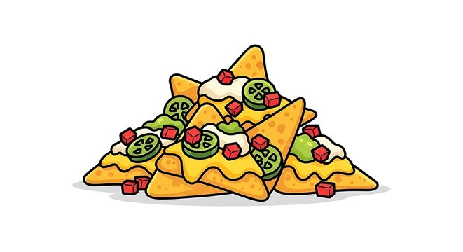 Colorful nachos pile with fresh toppings isolated on white background