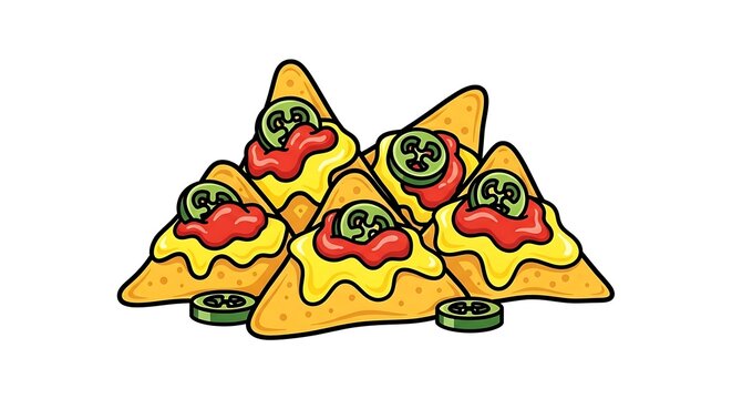 Colorful nachos icon with cheese, jalapenos, and salsa, isolated on white background
