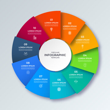 Vector infographic circle with four steps. Cycle diagram with 10 options. Round chart that can be used for report, analytics, data visualization and presentation.