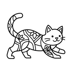 Black line of a walking cat with leaf patterns black line walking cat © Pike Studio