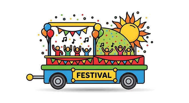 colorful festival parade float with people and sun