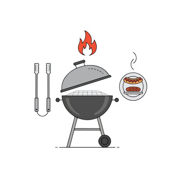 Barbecue Grill with Tongs and Sausage Hot Dog