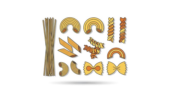 Hand-drawn pasta varieties vector icons set isolated on white background