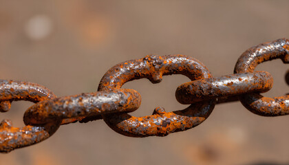 Fototapeta premium Rusted iron chain close-up on oil panel showing orange brown red rust tones and thick palette-knife texture layers