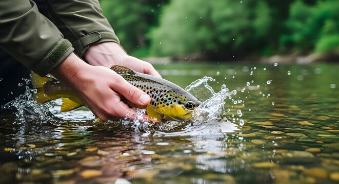 Fisherman Holding a Speckled Trout Just Caught from the River Creating a Splash