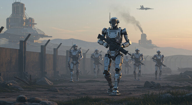 Military robot with automatic weapon marching in a futuristic landscape. Concept of artificial intelligence, future army or war.