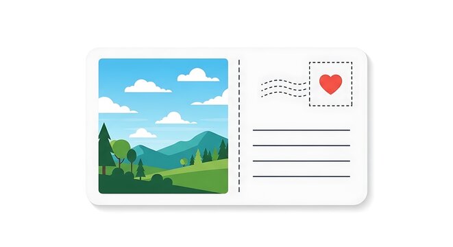 Travel postcard with scenic mountain landscape and love stamp illustration