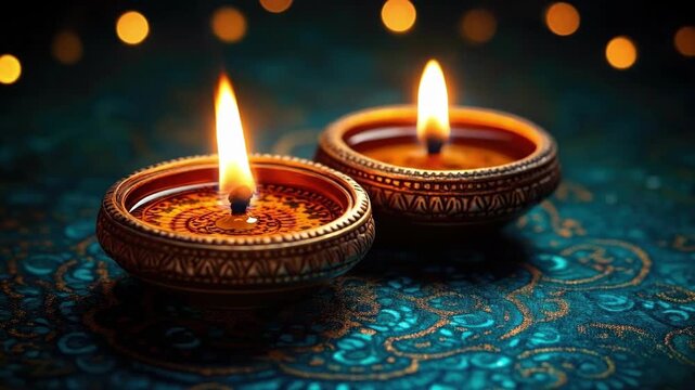 Glowing diyas on ornate fabric: warm festive ambiance. Deepavali, Diwali, Pongal. Hindu festival of lights. Loy Krathong
