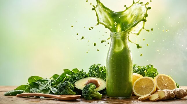 Daun dan Sayuran Segar dengan Jus Hijau dan Lemon Segar di Meja Kayu