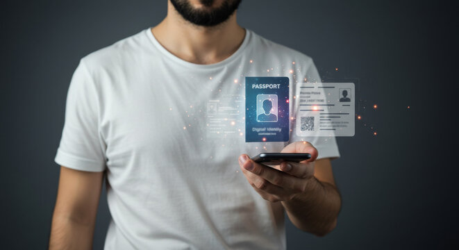 Man holding smartphone with digital passport and identity card concept. Online verification of personal documents for travel and security.