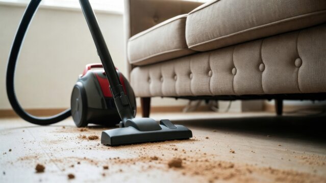 Modern vacuum cleaner cleaning dust and crumbs from a wooden floor beneath a sofa, showcasing home maintenance, cleanliness, and efficient household chores in a living space.
