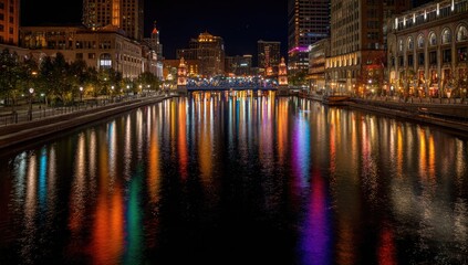 Fototapeta premium Vibrant Night Reflections on a City River with Illuminated Buildings.