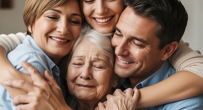 Multi-generational family shares emotional embrace, tears of joy and love