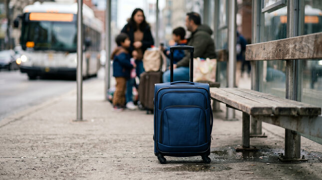 Family waiting at bus stop with luggage on urban street  