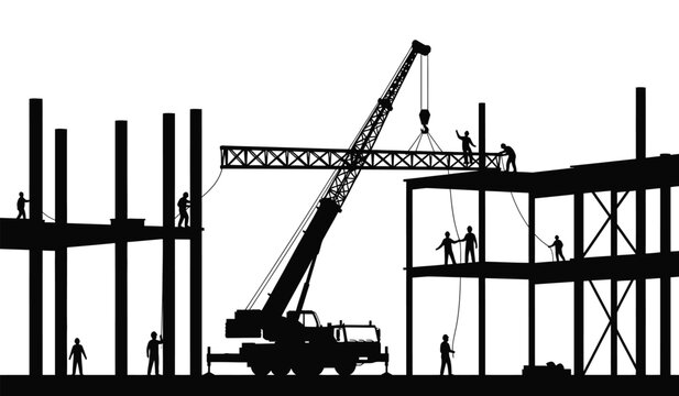 A striking black and white image depicts a construction site with a large crane workers and steel beams presented as a silhouette high quality