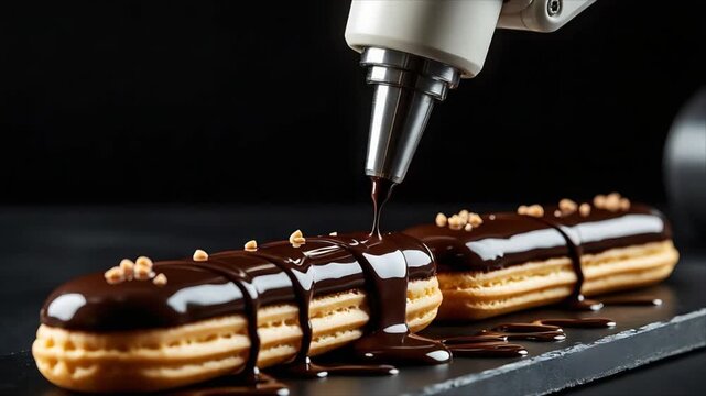 Robotic arm glazing eclair with chocolate syrup. Automated industrial pastry production process in a factory. Precision baking technology for gourmet dessert creation.