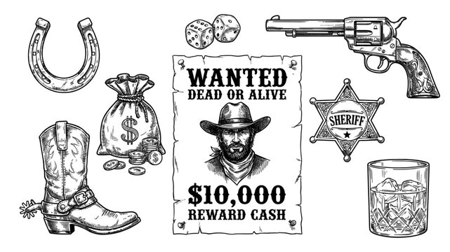 Wild West engraving set with revolver wanted poster sheriff badge boot