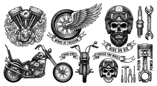 Vintage motorcycle biker set with skull engine chopper and piston