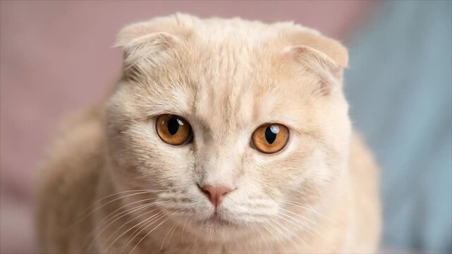 Beige scottish fold cat looking forward with wide golden eyes. Cute pet portrait showing feline face expression. Animal behavior study for veterinary showcase.