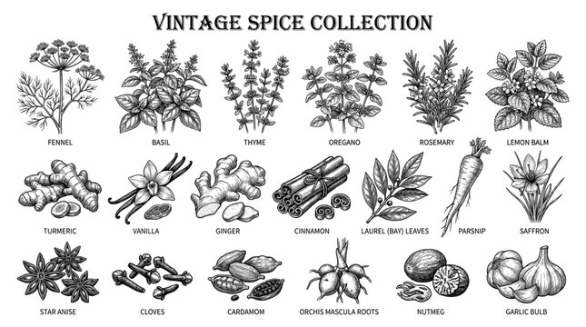 Vintage spice and herb collection cinnamon ginger vanilla garlic saffron