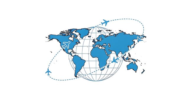 Blue World Map with Global Travel Routes and Airplane Illustration