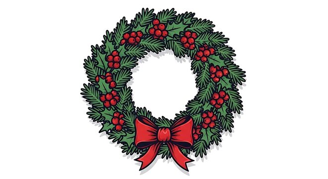 Festive Evergreen Christmas Wreath with Red Berries and Red Bow
