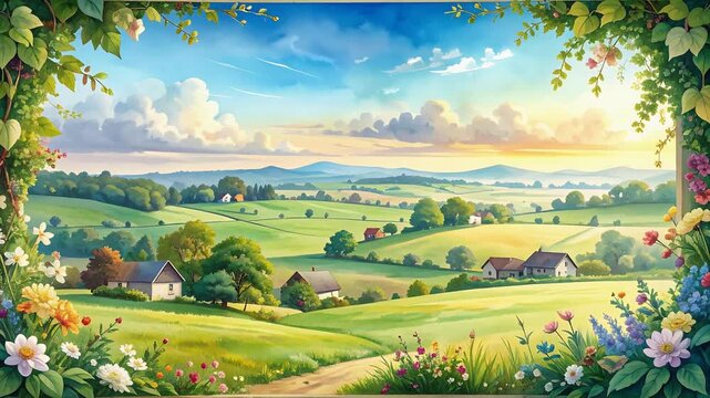 Spring countryside panorama with flower border foreground and sunny rolling farmland beyond