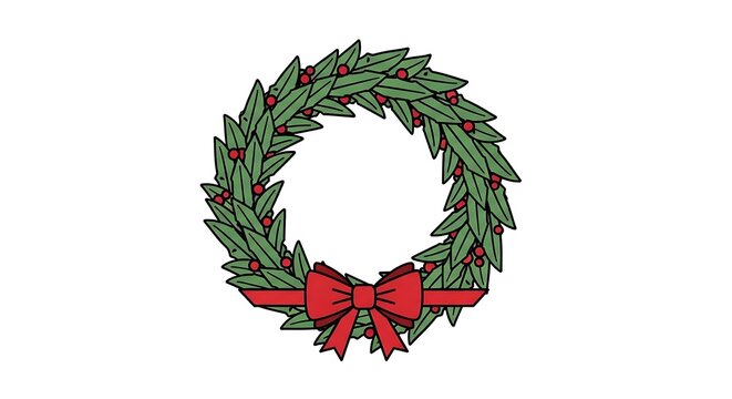 Elegant Evergreen Christmas Wreath with Red Ribbon Isolated on White