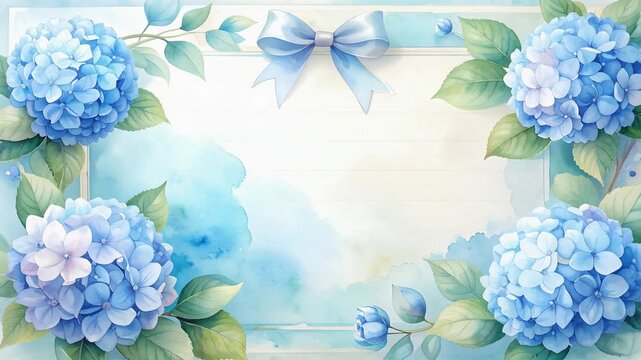 Decorative hydrangea flower border with soft botanical arrangement around blank center watercolor illustration