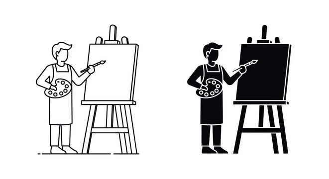A comparative depiction of an artist painting shown in both a colored line drawing and a stark black silhouette high quality professional detailed modern