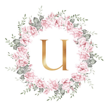 Elegant watercolor rose wreath with gold letter U, botanical floral monogram for wedding invitations, branding, logo design and decorative templates