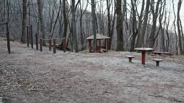 Open air gym. Outdoor sports area in forest. Featuring metal pull-up bars, workout stations