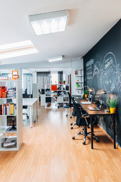 Modern creative office workspace with chalkboard wall
