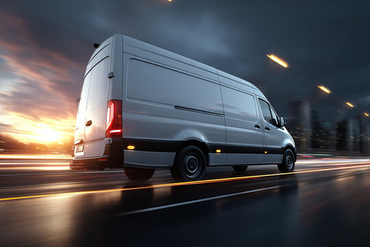 A white van is driving down the street at speed with a blurred background in the color of a yellow sunset. Concept of cargo transportation, goods delivery