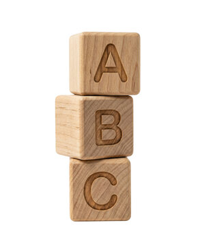 Wooden alphabet blocks stack isolated. Preschool toy mockup.