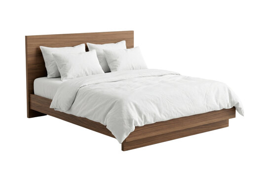 Modern wooden bed with white linens isolated. Bedroom furniture mockup.