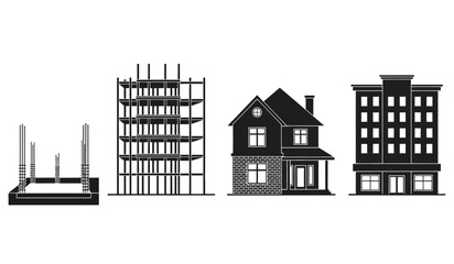Naklejka premium A progression of architectural construction is visually represented showcasing stages from foundation to completed buildings in silhouette high quality professional detailed modern elegant stylish