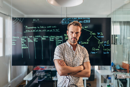 Focused programmer in office with chalkboard planning notes