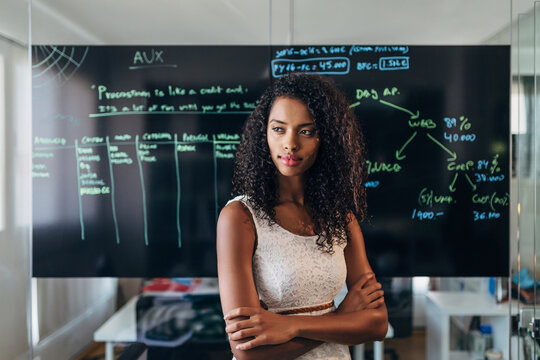 Confident businesswoman planning strategy on glass board