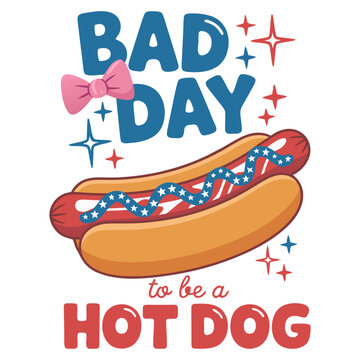 A stylized illustration of a patriotic hot dog design with text. The main text "BAD DAY" is written in large blue block letters at the top, decorated with a pink bow tie and surrounded by red and blue