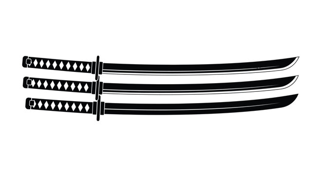 A striking composition displays three traditional japanese katanas laid horizontally showcasing their curved blades and detailed hilts a powerful silhouette high quality professional modern