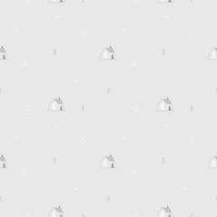 Minimal Scandinavian seamless pattern with small houses and trees, soft pastel tones, cozy winter village background for fabric, wallpaper and textile design. © Irena